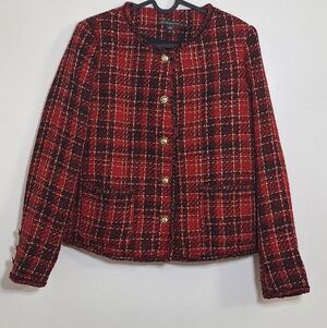 NWT ADRIANNA PAPELL Red and Black Plaid Blazer